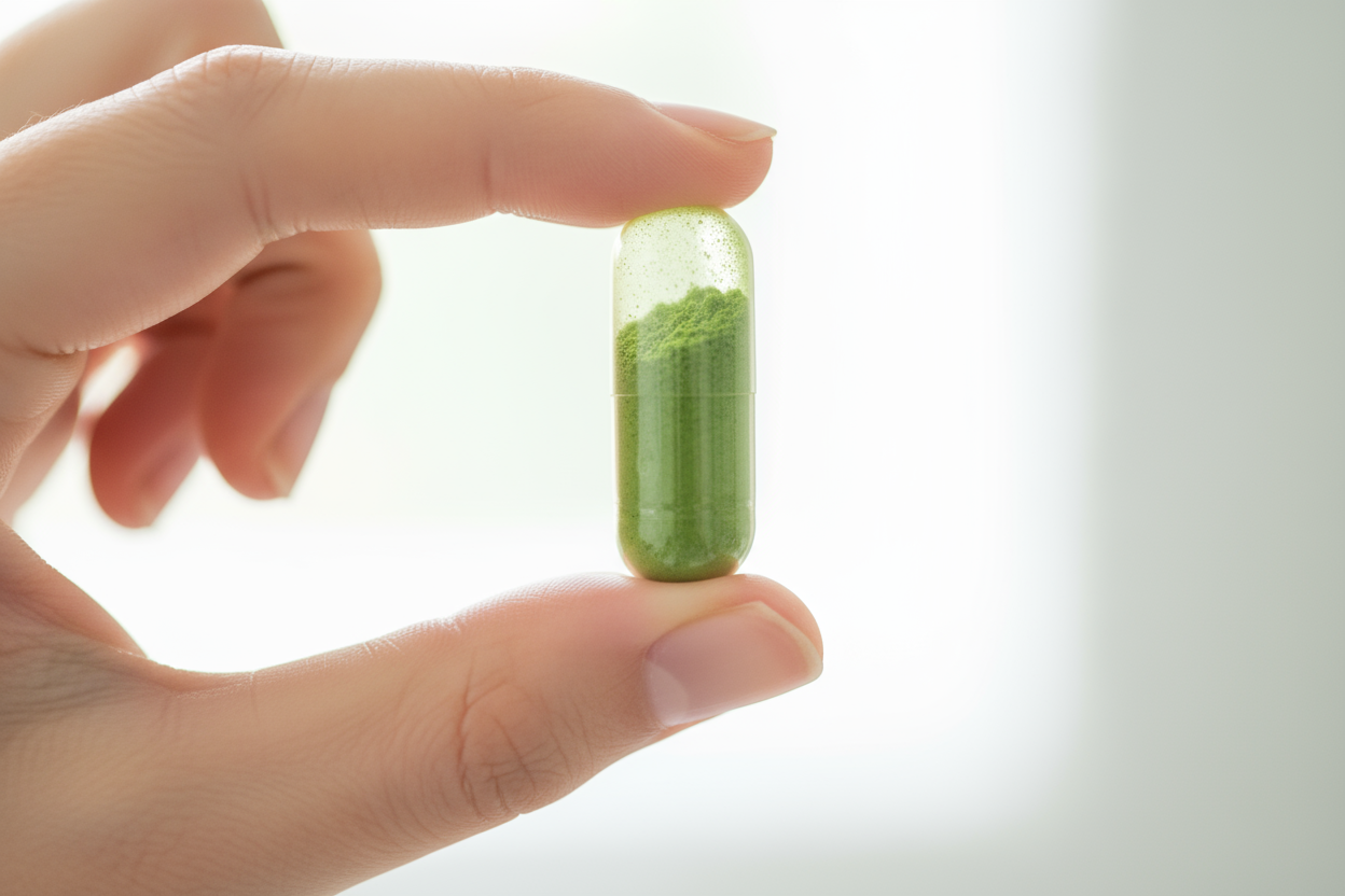 a hand holding a capsule filled with green powder